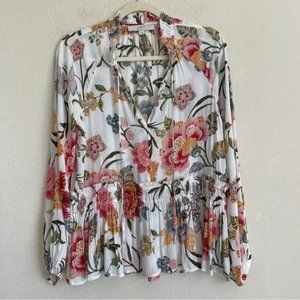 Loft White Floral Long Sleeve Peplum Ruffle Tie Neck Top